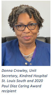 Donna Crowley, Unit Secretary, Kindred Hospital St. Louis South and 2020 Paul Diaz Caring Award recipient