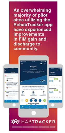 Image of Rehabtracker logo and iPhone with rehab tracker application with Quote “An overwhelming majority of pilot sites utilizing the RehabTracker app have experienced improvements in FIM gain and discharge to community